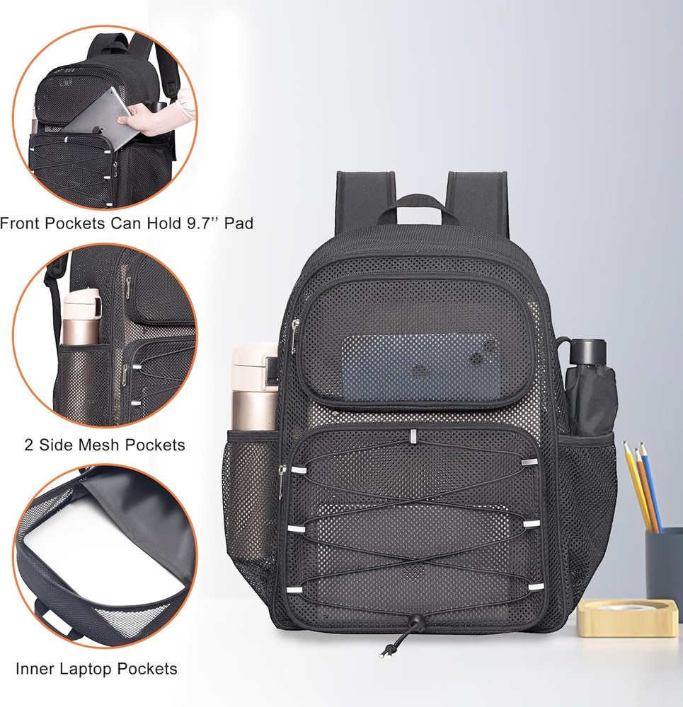 Mesh Backpack Heavy Duty See Through Bag with Paded Strap Large Black