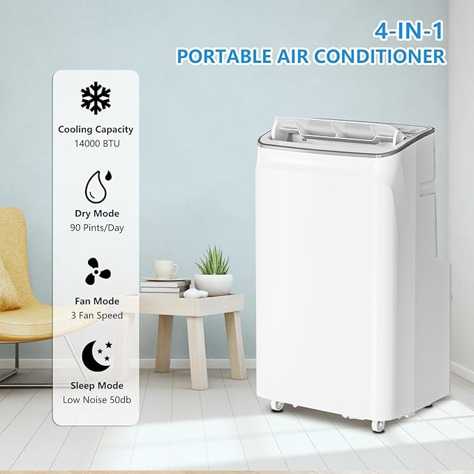 14000 BTU Portable Air Conditioner 3in1 Dehumidifier Fan Cool for 700 Sq.ft Room