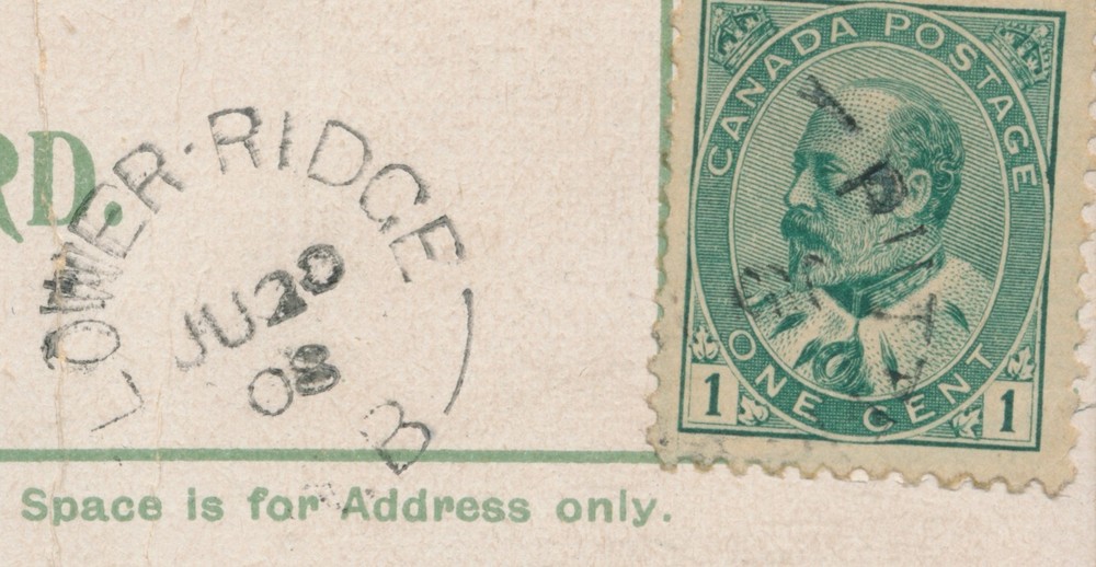 Lower Ridge, NB- 1908 Split Ring Cancel on Postcard