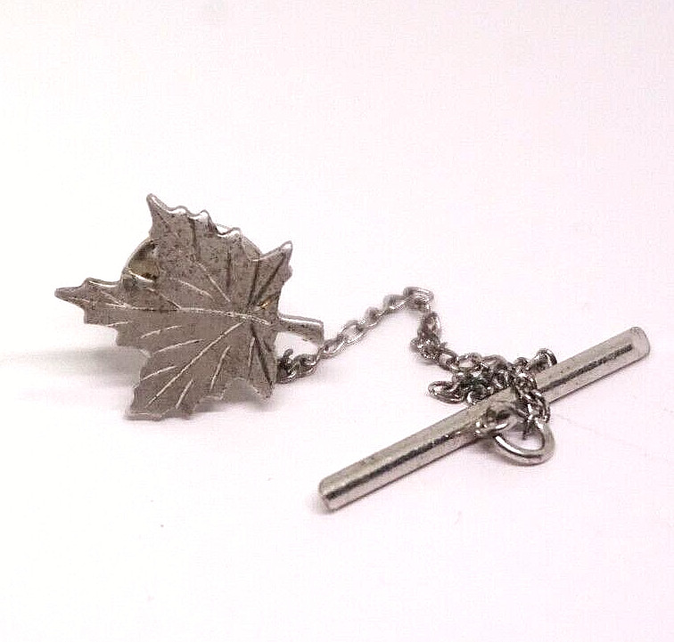 Tie Tack Pin with Chain Maple Leaf Silver Tone
