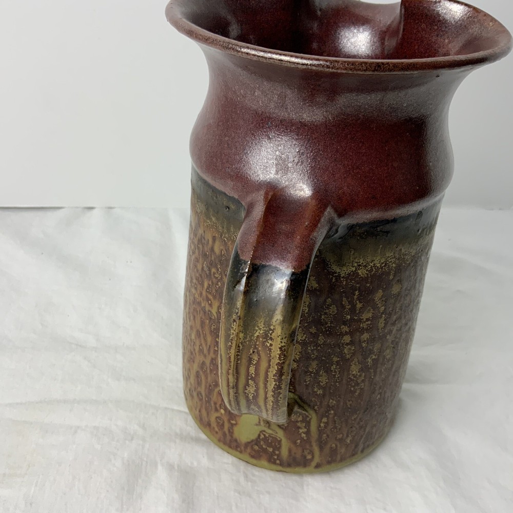 Speckled Brown Two Tone Art Pottery Pitcher Signed DA