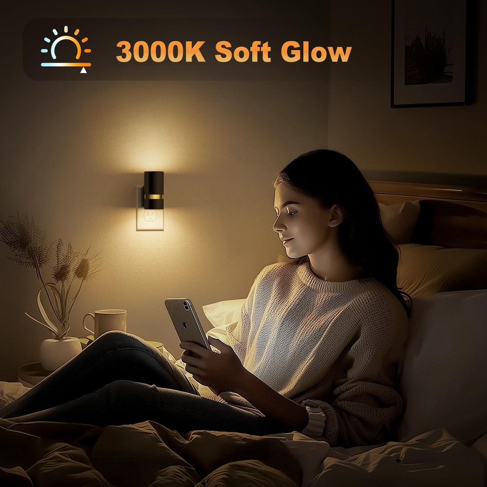 JandCase Night Lights Plug into Wall, Automatic 2 Pack, Black-3000K