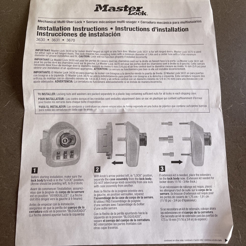 New! Master Lock 3-Digit Combination Deadbolt 3670 Multi-user Locker Lock