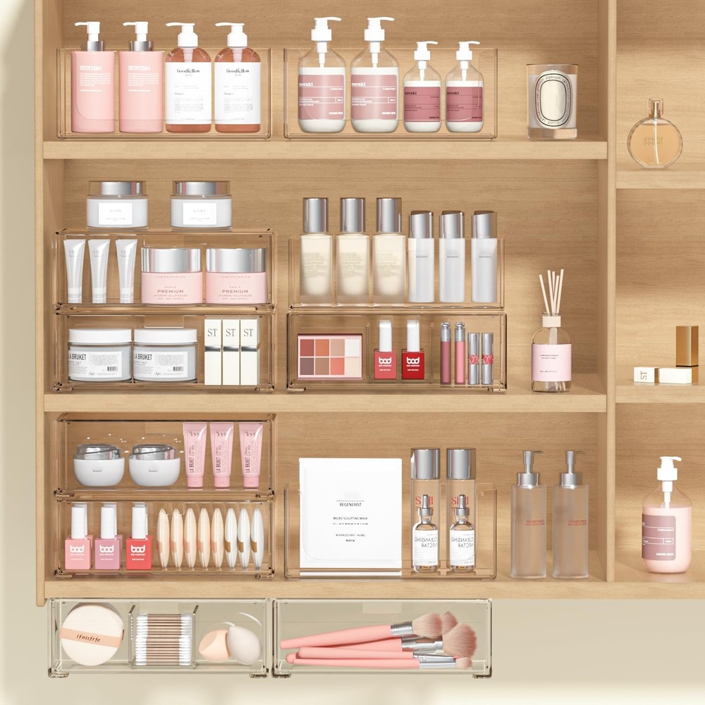 Bathroom Drawer Organizer Stackable Storage Drawers Clear Plastic Storage Bin...
