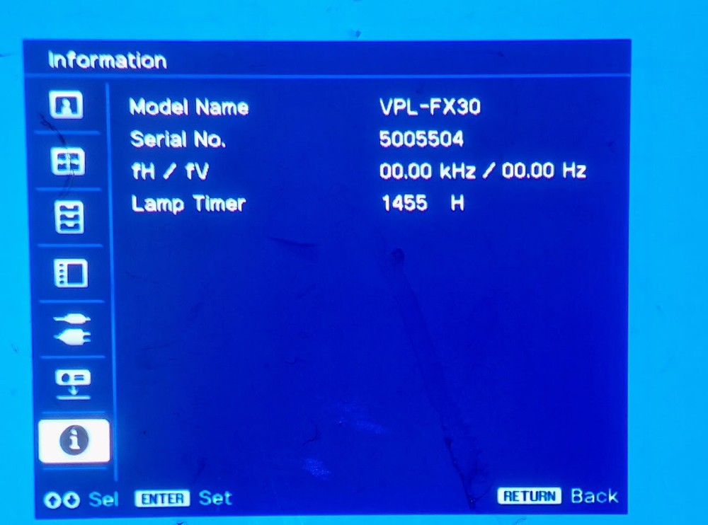 SONY VPL-FX30 Projector Lamp Hours 1455