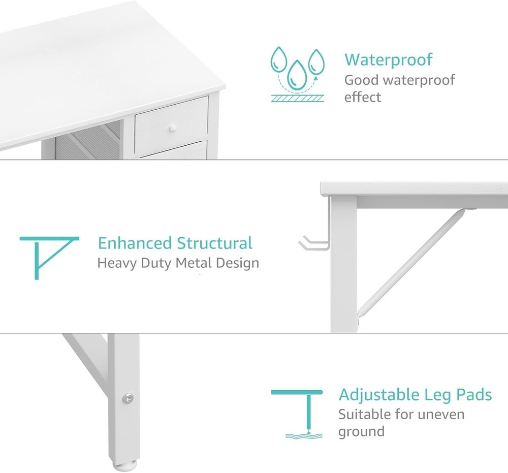 White Computer Desk with Fabric Drawers 47" Reversible Study Work Writing Desk