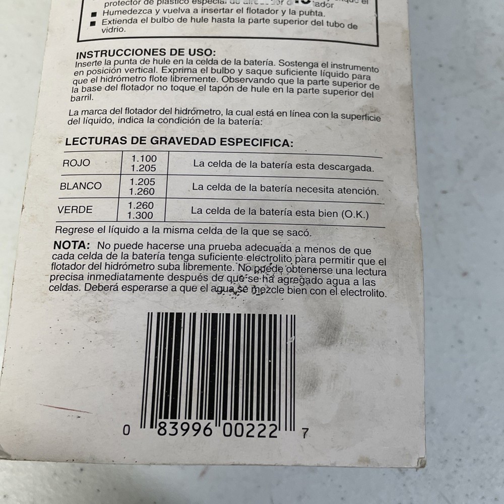 Lynx BATTERY HYDROMETER East Penn L874L New Testing Tool Color Code