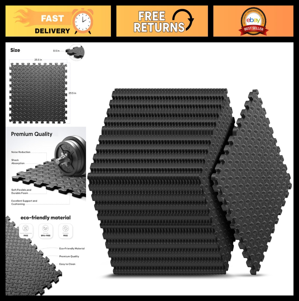 Interlocking Foam Exercise Mat, 12 Pack Puzzle Gym Flooring, 48 SQ FT, Black