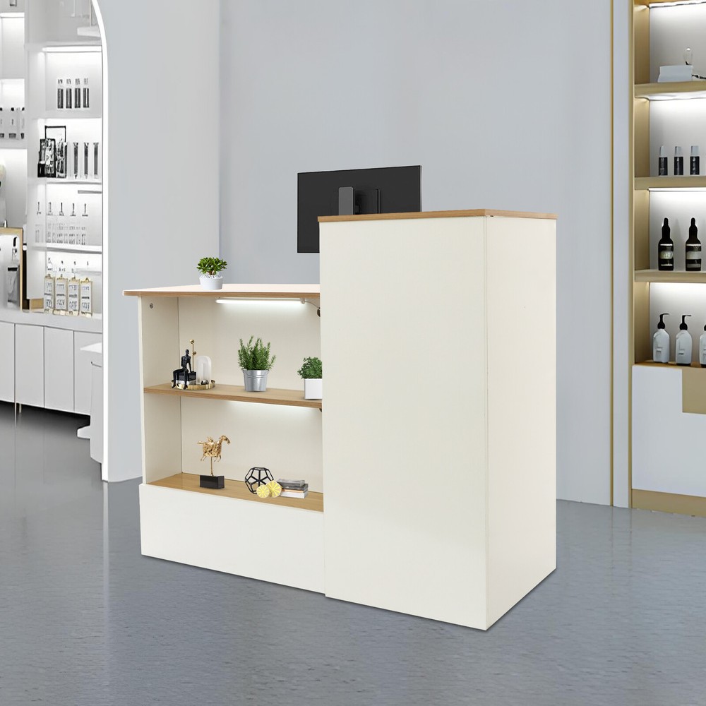 Reception Desk Rectangular Modern Reception Counter Table w/ Lockable Drawer