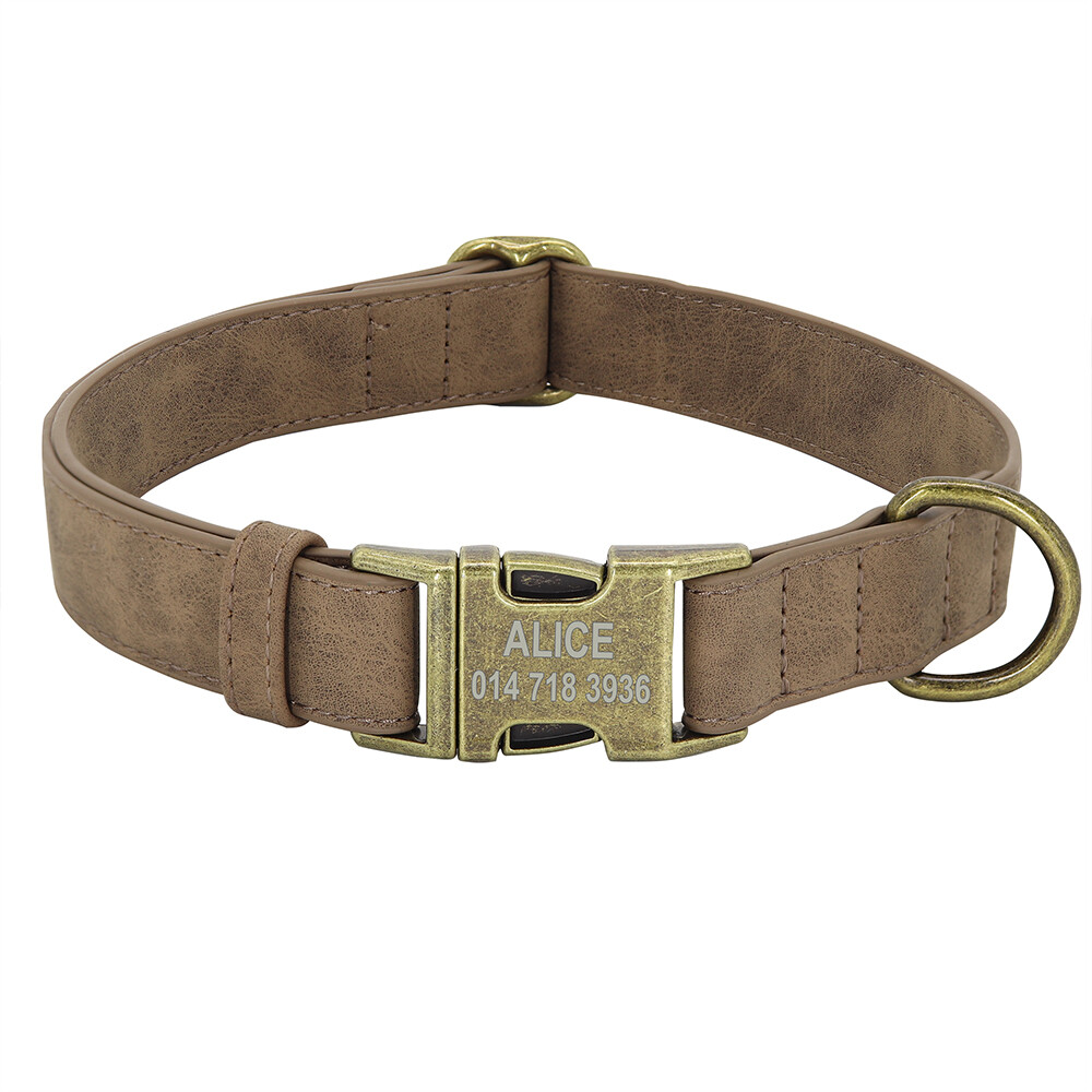 Soft Leather Personalized Dog Collars with Engraved Nameplate Adjustable Sizes