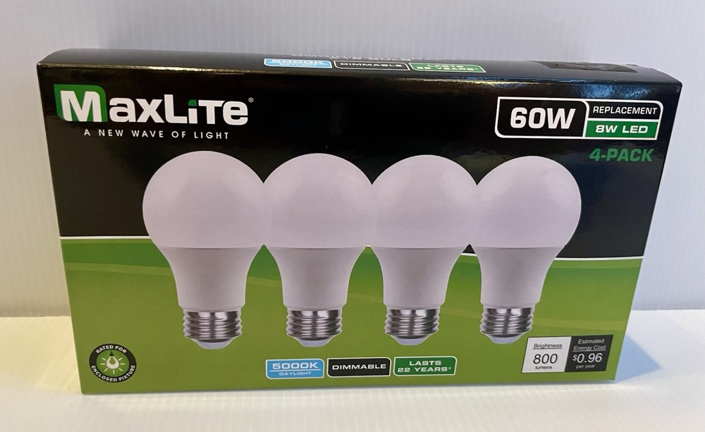 4 PACK OF MAXLITE 8W LED BULBS, A19, DAYLIGHT 5000K, DIMMABLE, 800 LUMENS, 60W