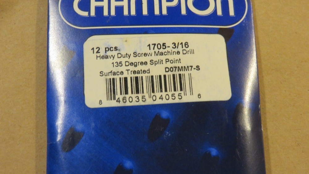 New - 12 pieces Stubby 3/16 135 Degree Champion 1705 Split Point Drill Bits
