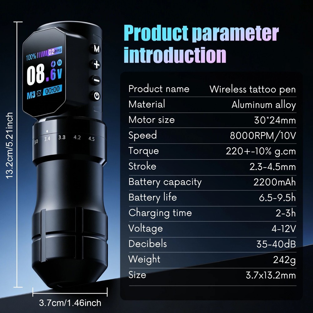 Professional Adjustable Stroke Tattoo Pen Wireless Tattoo Machine Coreless Motor