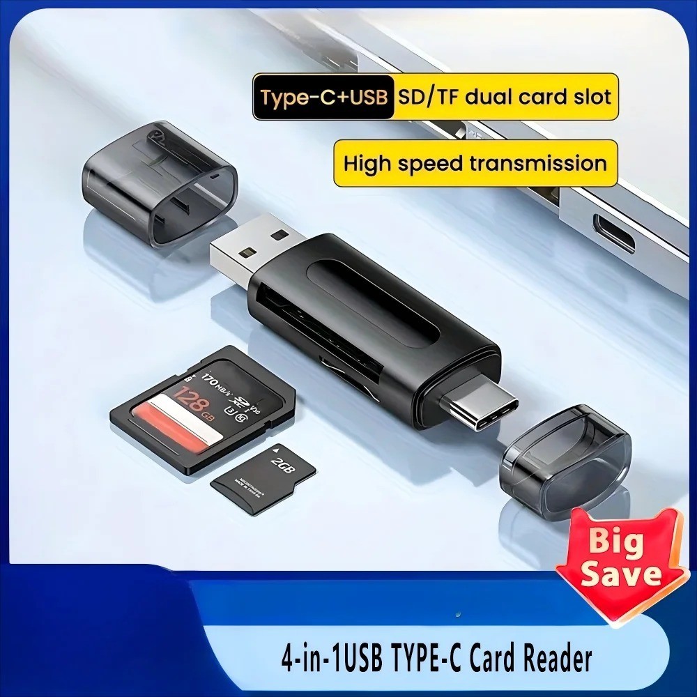 Mini SD TF Card 4-in-1 Multifunction USB Type-C Card Reader, External Storage