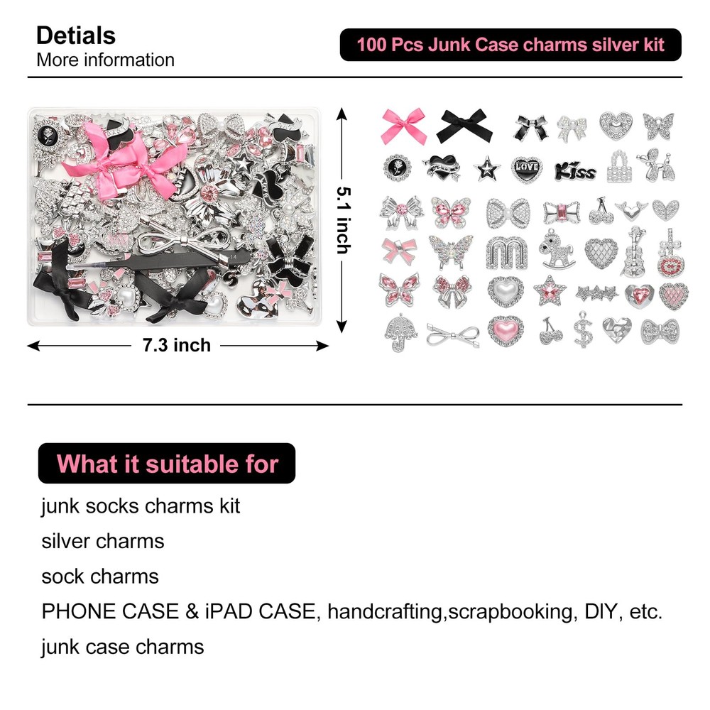 100 Pcs Bling Flat Back Junk Charm Kit for Pink-Silver-Black-Bling