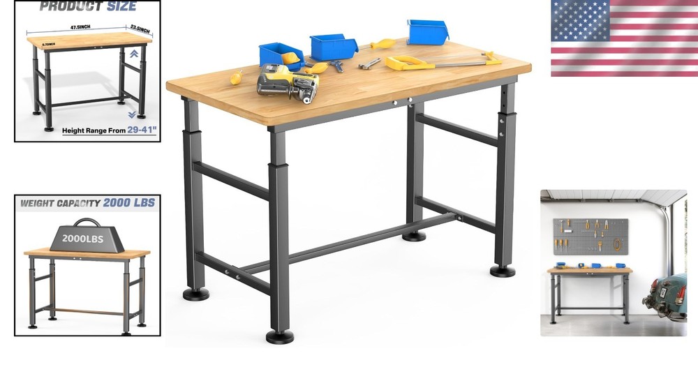 2000 lbs Capacity Rubber Wood Worktable, Adjustable Height for Versatile Use