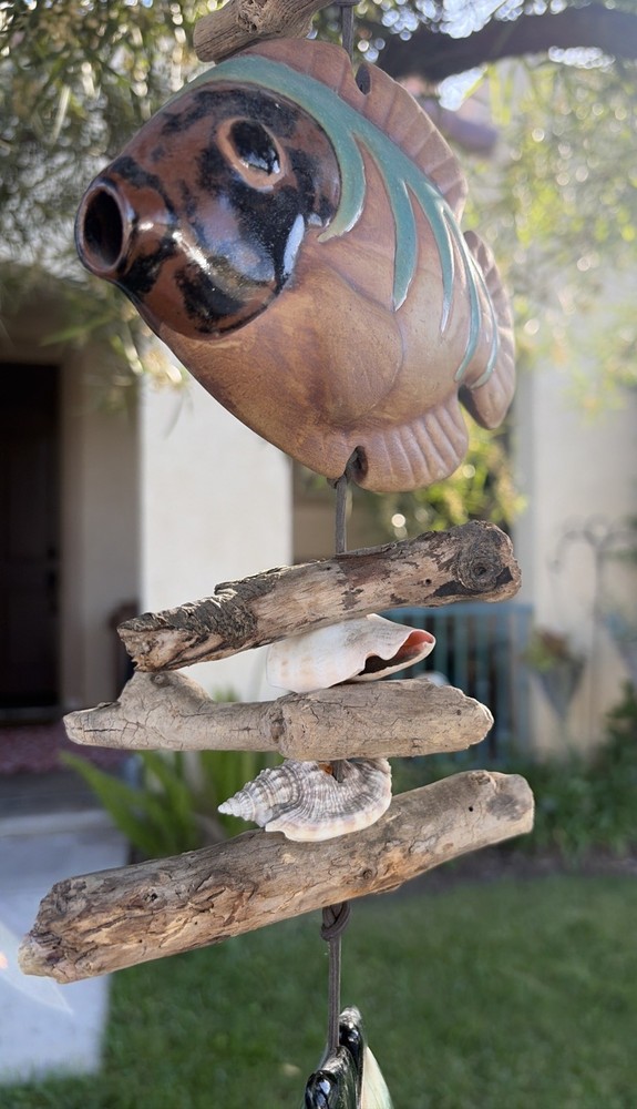 Hazel Olsen Attributed Driftwood Fish Pottery Shells Wind Chime Wall Hanging