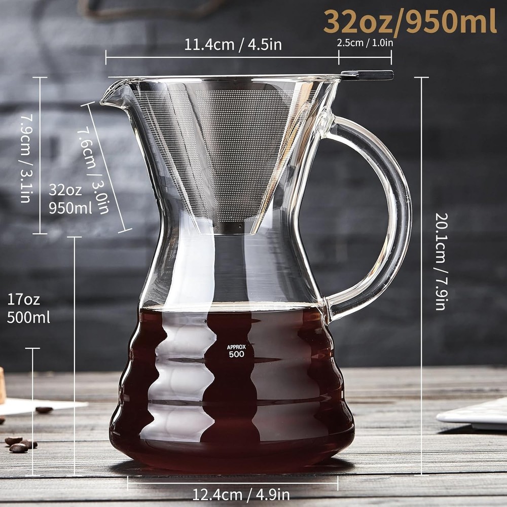 - Pour Over Coffee Maker with Permanent Stainless Filter 32 fl oz=