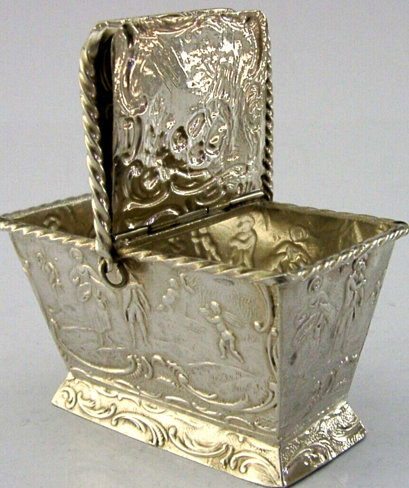SUPERB HANAU SOLID SOLID SILVER NOVELTY PICNIC BASKET BOX 1890's ANTIQUE 64g