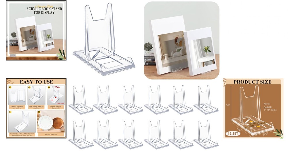 12 Pack Acrylic Book Stand for Display Adjustable Clear Display Holder Easel