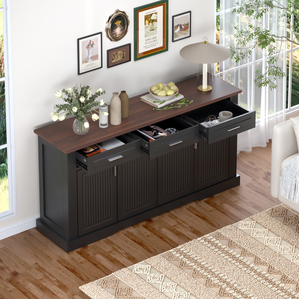 Modern Fluted Sideboard Buffet w/4 Doors & 3 Drawers for Kitchen Dining