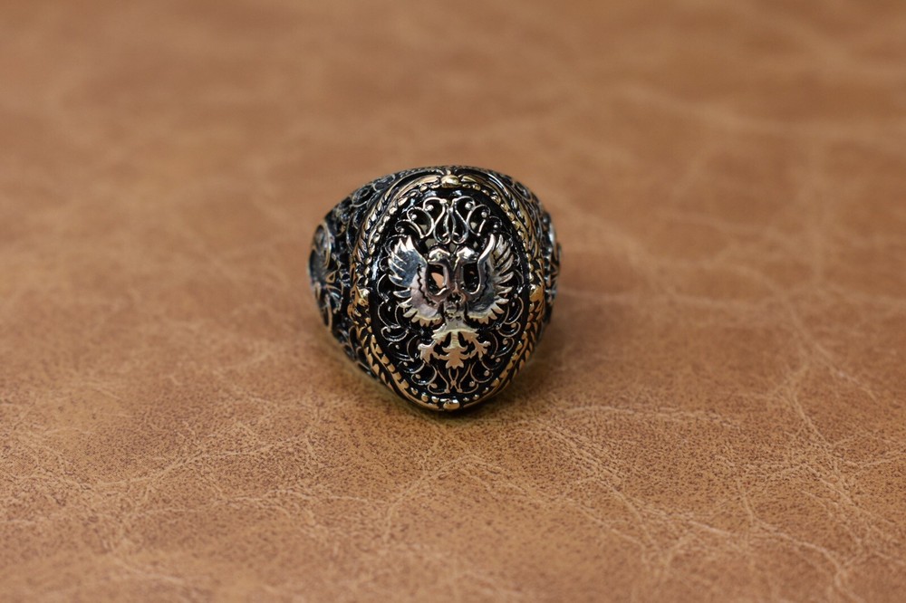 Handmade 925 Sterling Silver Men's Ring Double Eagle Pattern Size : 8 US MAN