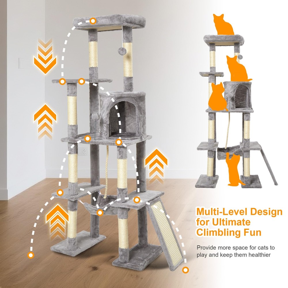 Large Cat Tree,65-inch Tall Multi-Level Cat Tower with Sisal-Covered Scratchi...