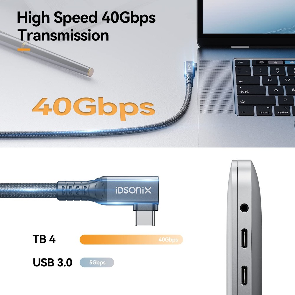 2.6FT USB C Cable 40Gbps Data Single 8K Dual 4K Display PD 100W LShaped