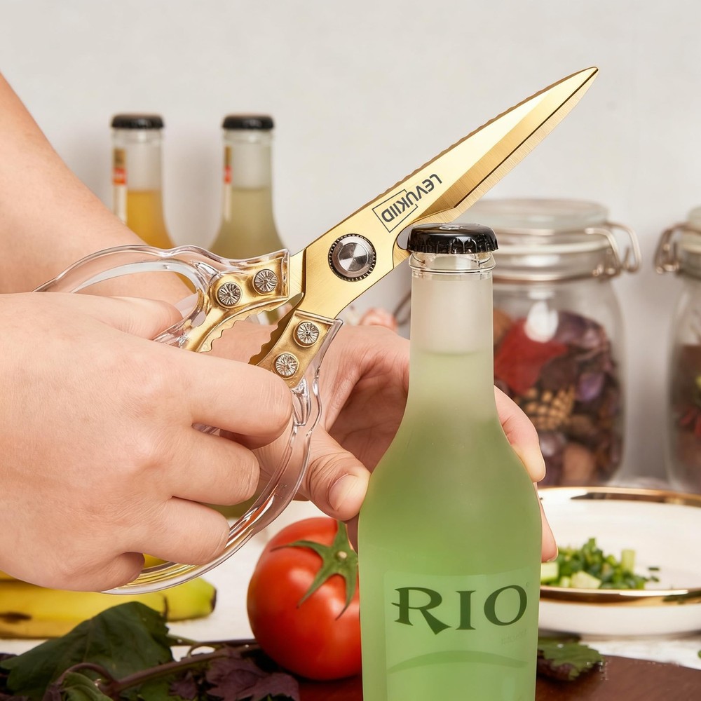 LEVUKIID Rust-Resistant Kitchen Scissors, Transparent and 9 INCH, Gold
