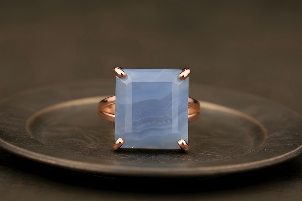 Blue Lace Agate Ring Anemone Handmade Square Cut 14k Gold Statement