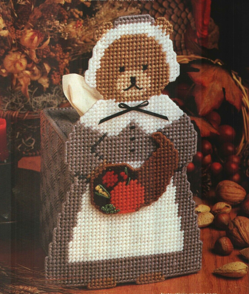 THANKSGIVING BEAR TISSUE BOX COVER PLASTIC CANVAS PATTERN INSTRUCTIONS