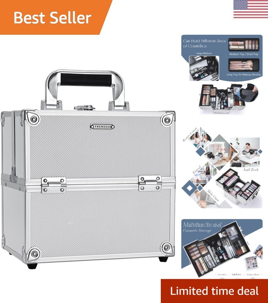 Portable Makeup Train Case with Lockable Storage - 4-Tier Trays - Bright Silver