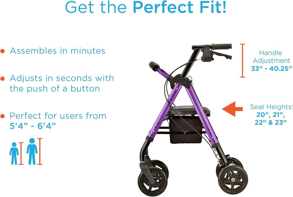 NOVA Star Deluxe Rollator Walker - Extra Wide 8" Wheels, Blue - Open Box