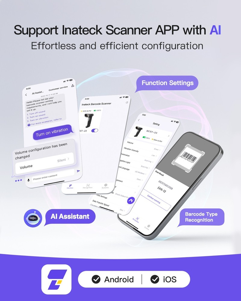 Inateck 2D Barcode Scanner, Wireless QR Code Scanner, Handheld Scanner APP SDK