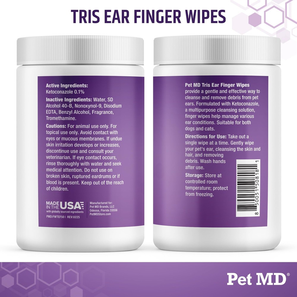 Tris Ear Finger Wipes for Dogs & Cats - Multipurpose Cleansing Solution Cat E...