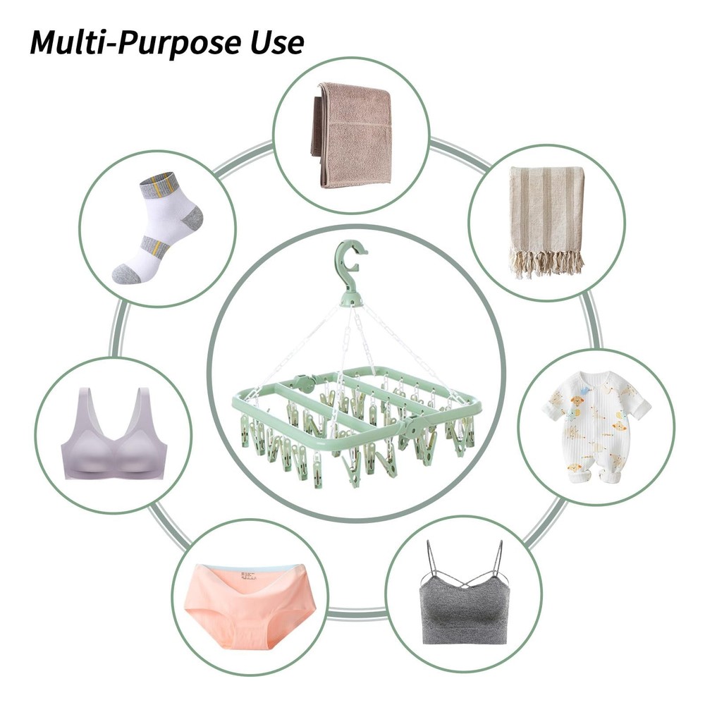 Clothes Drying Rack with 32 Clips, Foldable Hanging Rack, 360° Rotatable Hook...