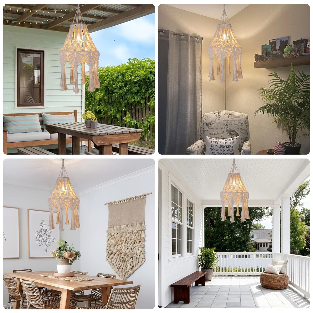 Boho Chic Macrame Pendant Lights with Tassels, Remote Control Dimmable Timer ...