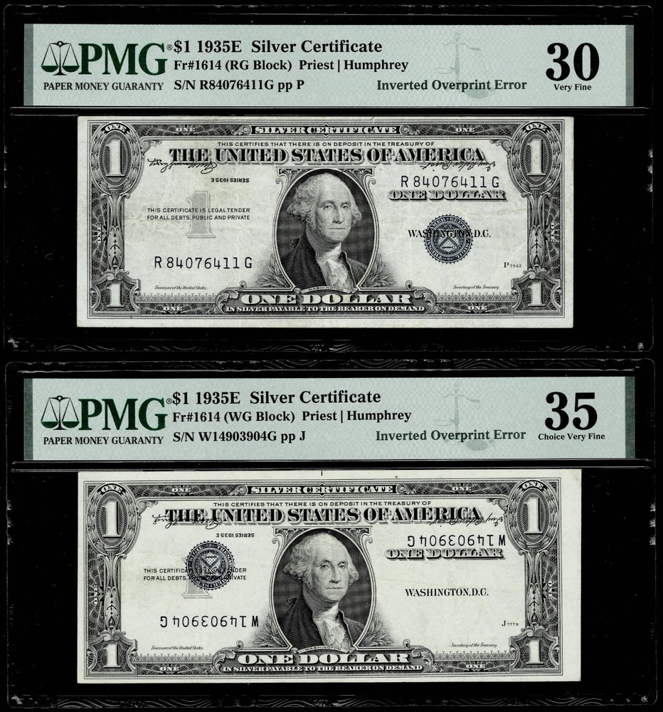 (2)  INVERTED OVERPRINT ERROR 1935E Silver Certificate Note PMG VF30 35