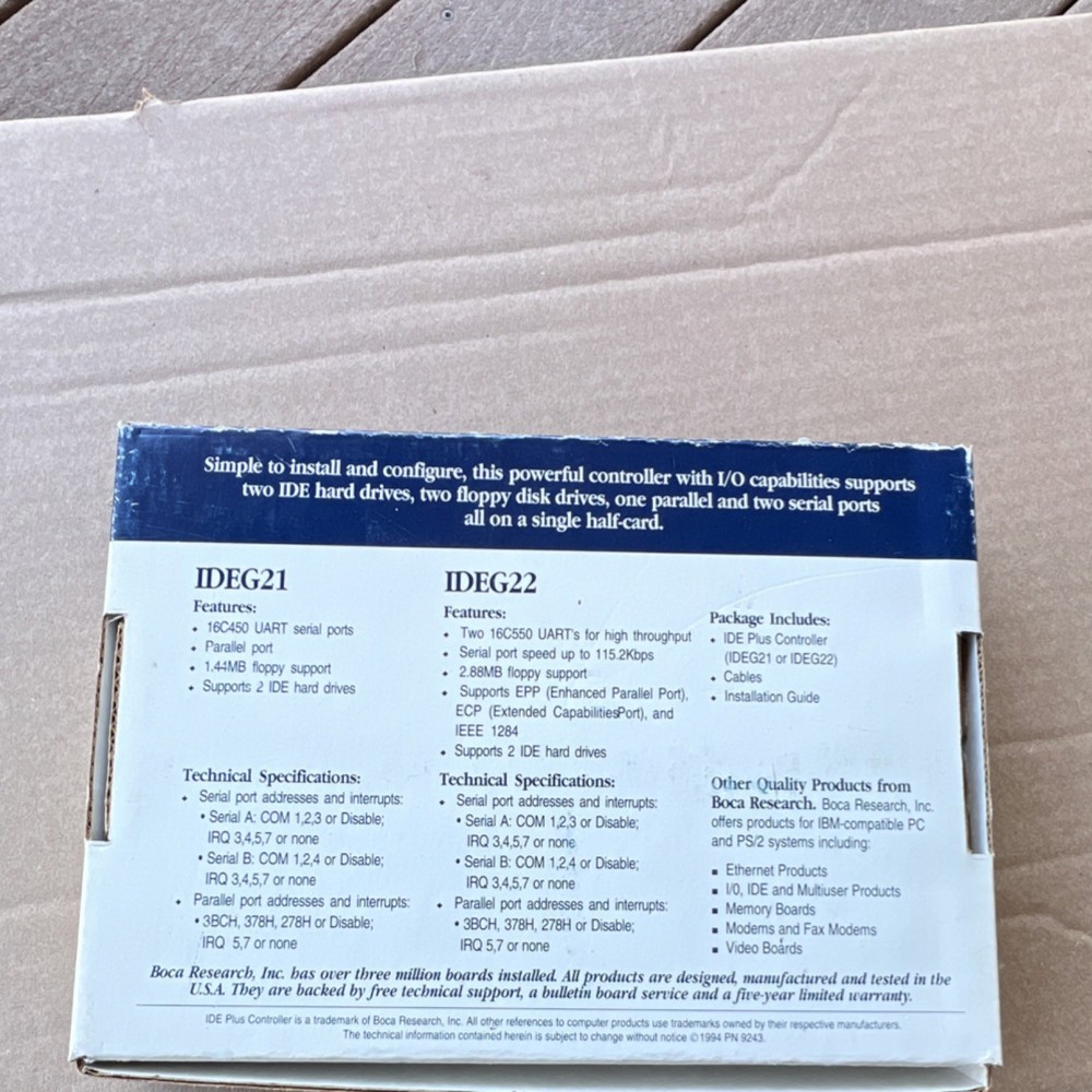 Boca Research IDE Plus Controller Card ISA/EISA IDE Floppy Serial Parallel