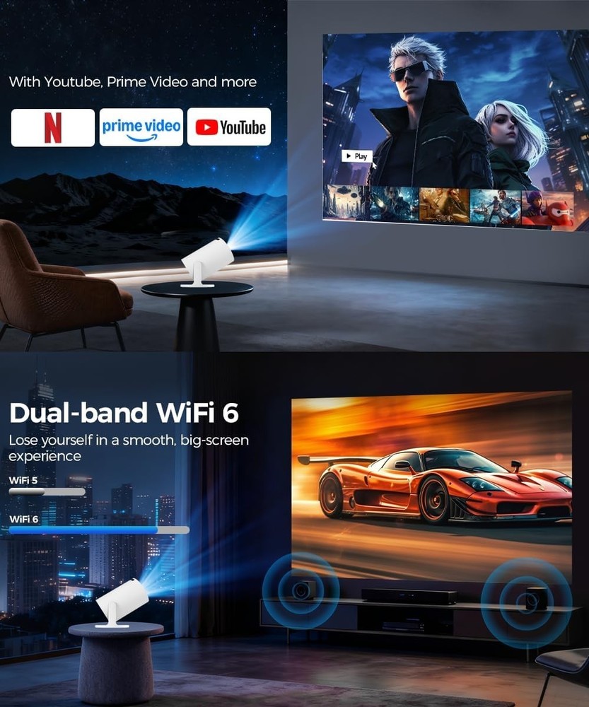 Mini Projector WiFi Bluetooth 4K Support Portable 130'' Screen