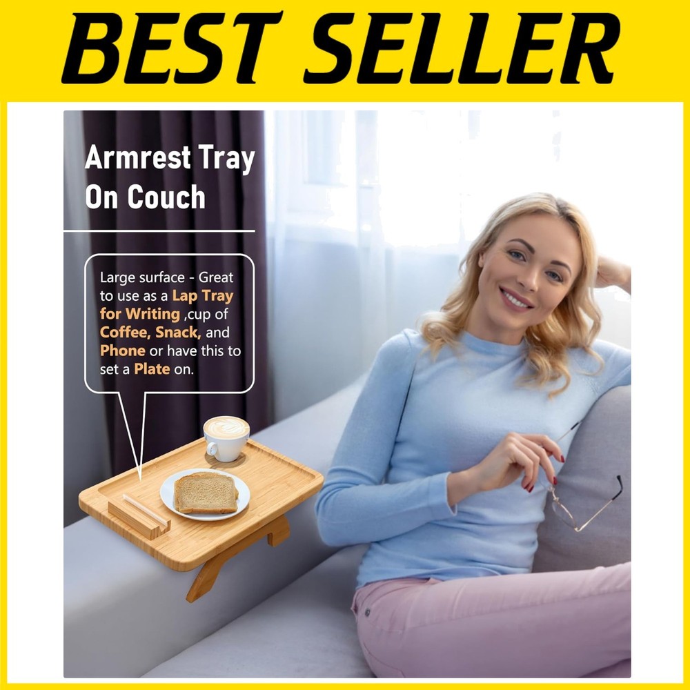 Modern Bamboo Armrest Table for Snacks/Remote, Rectangular