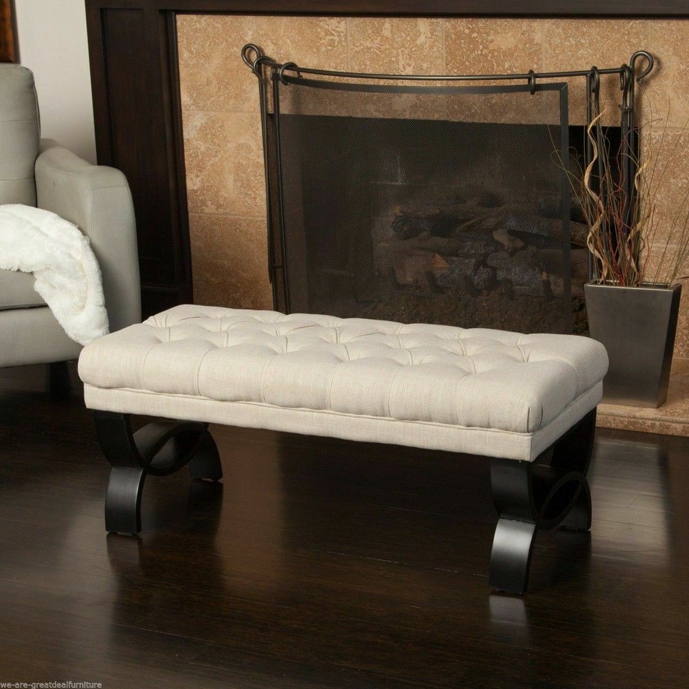 Colette Contemporary Button Tufted Light Beige Fabric Ottoman Bench