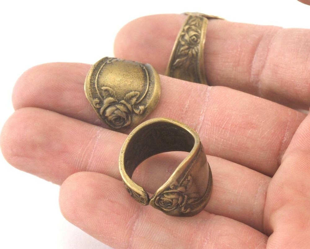 Spoon Ring Flower Patterned Adjustable Ring Antique Bronze Plated brass 3383