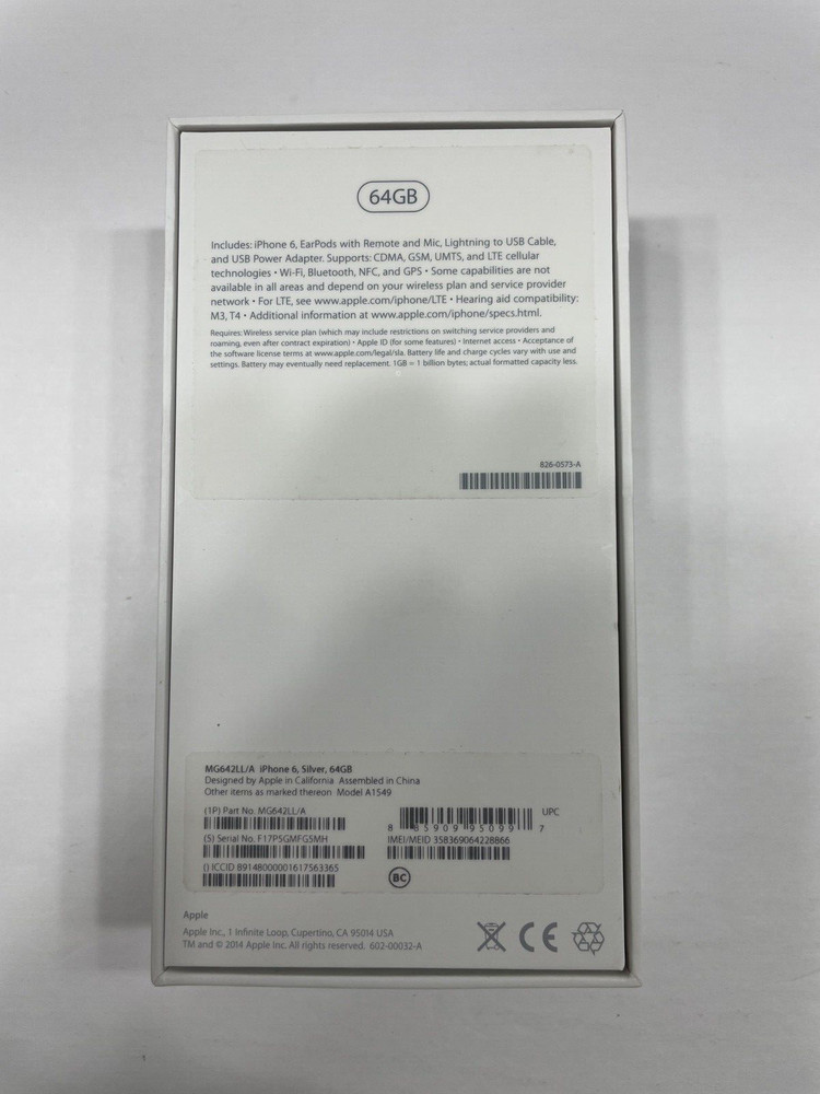 iPhone 6 BOX ONLY Silver 64GB MG642LL/A