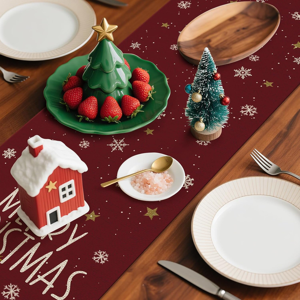 Christmas Tree Table Runner, Xmas Winter Snowflakes Holiday Kitchen Dining Table