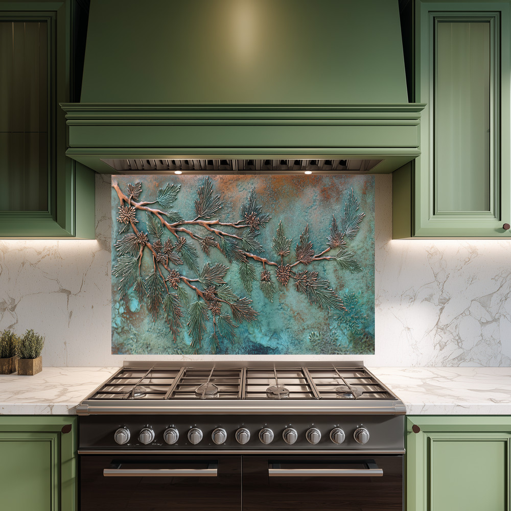 Green Rusted Copper Pine Tree Look Backsplash, Tempered Glass Kitchen Backsplash