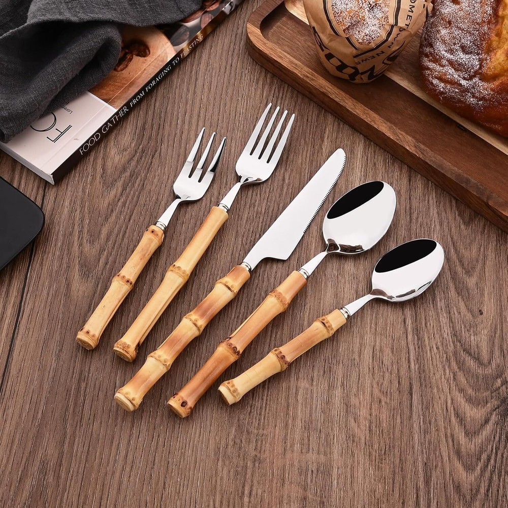 Bamboo Handle Silverware Set 30 Pcs Set for 6 Stainless Steel Flatware Set