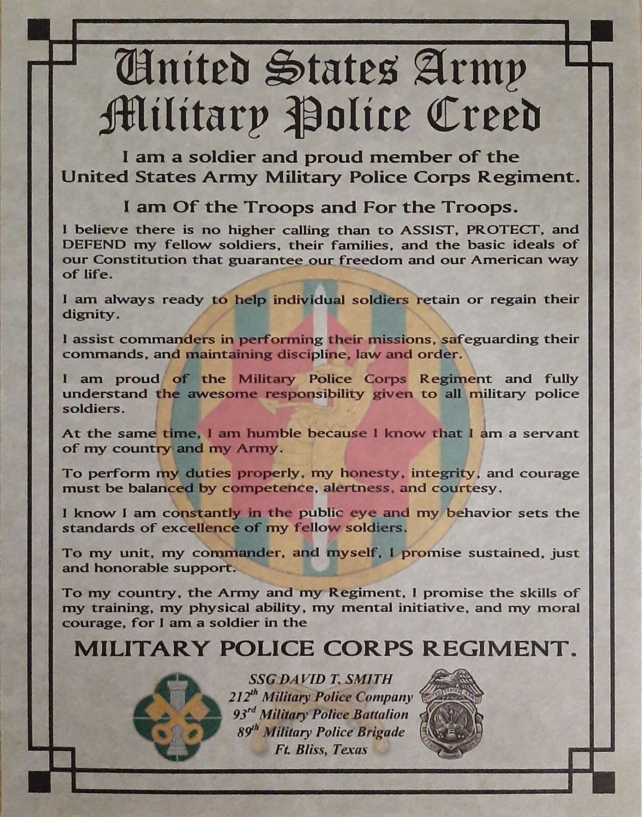 MC-NICE: ARMY Military Police MP Creed ALL UNITS PERSONALIZED