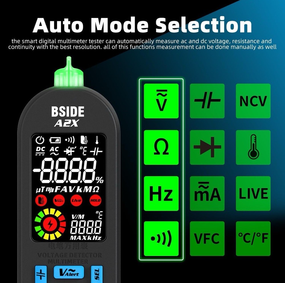 BSIDE A2 Digital Multimeter Auto Range DC/AC Voltage Meter Resistance True RMS