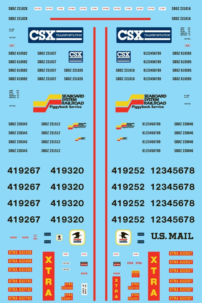 Microscale 60-508 N Assorted 45' Trailers CSX Seaboard System USPS XTRA Decals